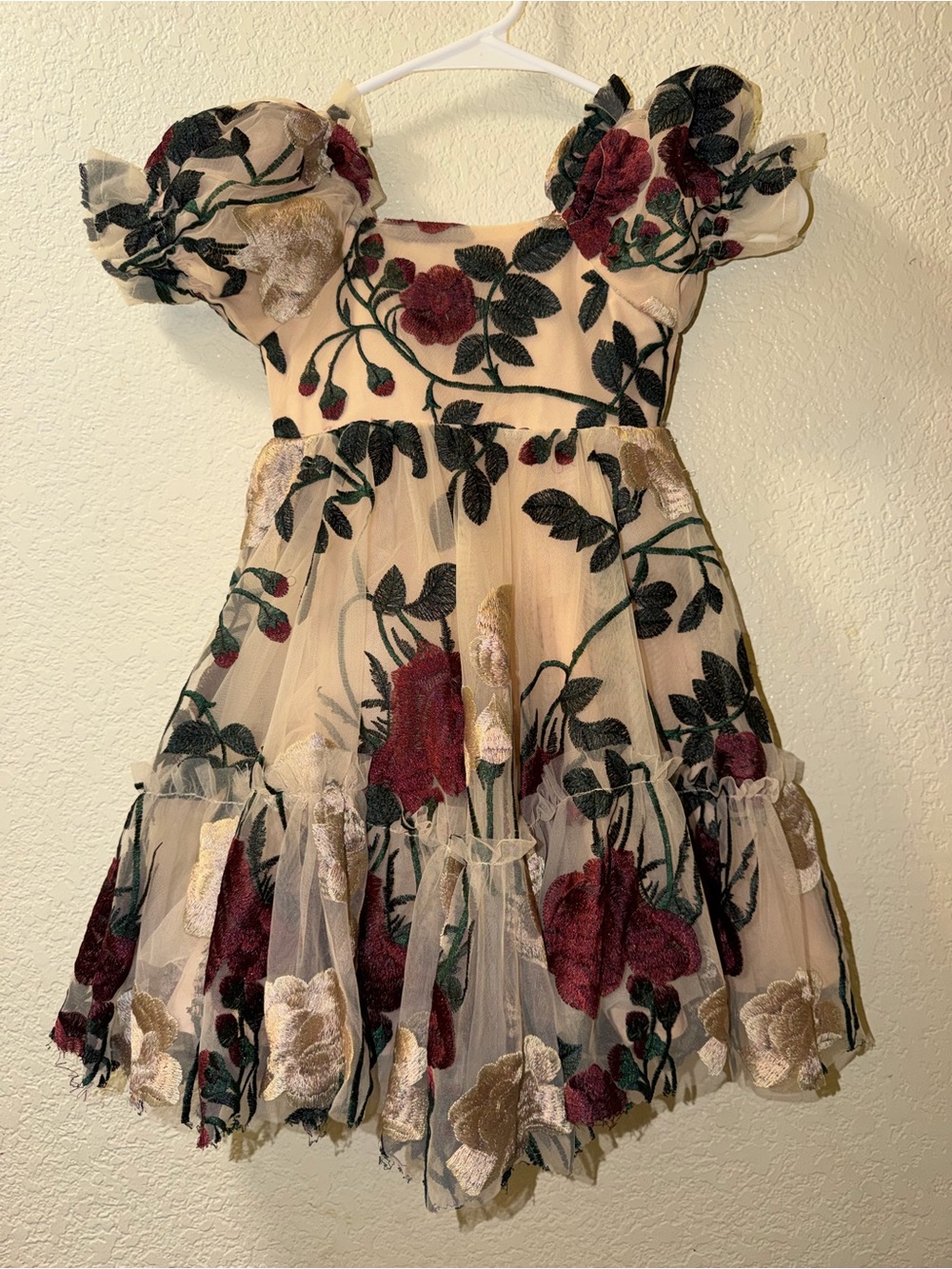 Ivy city Girls Floral Embroidered Tulle Dress - Cream with Red & Green